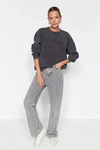 TRENDYOLMİLLA Anthracite Antique/Faded Effect Thick Oversized/Wide Pattern Knitting Sweatshirt with Fleece Inside - Image 3