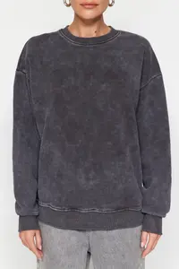 TRENDYOLMİLLA Anthracite Antique/Faded Effect Thick Oversized/Wide Pattern Knitting Sweatshirt with Fleece Inside - Image 4