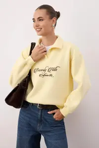 TRENDYOLMİLLA Yellow Shirt Collar Embroidered Regular Fit Thick Knitting Sweatshirt with Fleece Inside