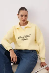 TRENDYOLMİLLA Yellow Shirt Collar Embroidered Regular Fit Thick Knitting Sweatshirt with Fleece Inside - Image 2