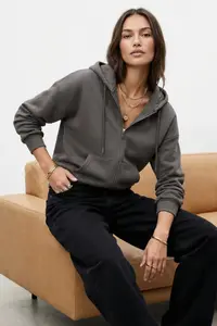 TRENDYOLMİLLA Anthracite Oversized/Relaxed Cut Basic Hooded Zippered Thick with Fleece Inside