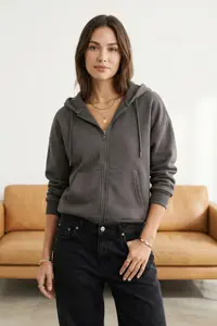 TRENDYOLMİLLA Anthracite Oversized/Relaxed Cut Basic Hooded Zippered Thick with Fleece Inside - Image 2