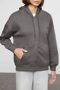 TRENDYOLMİLLA Anthracite Oversized/Relaxed Cut Basic Hooded Zippered Thick with Fleece Inside - Image 6