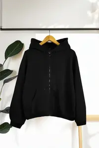 TRENDYOLMİLLA Black Oversized/Comfortable Cut Basic Hooded Thick Fleece Lined Knitting Sweatshirt