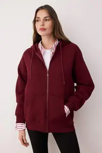 TRENDYOLMİLLA Burgundy Oversized/Comfortable Cut Zippered Thick Fleece Lined Knitting Sweatshirt - Image 2