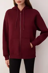 TRENDYOLMİLLA Burgundy Oversized/Comfortable Cut Zippered Thick Fleece Lined Knitting Sweatshirt - Image 4