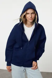 TRENDYOLMİLLA Dark Navy Oversized/Comfortable Cut Zippered Thick Fleece Lined Knitting Sweatshirt - Image 2