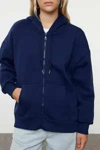TRENDYOLMİLLA Dark Navy Oversized/Comfortable Cut Zippered Thick Fleece Lined Knitting Sweatshirt - Image 3