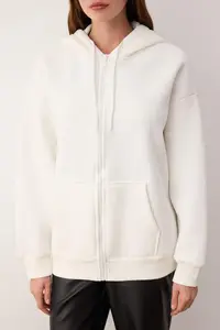 TRENDYOLMİLLA Ecru Oversized/Comfortable Cut Zippered Thick Fleece Lined Knitting Sweatshirt - Image 3