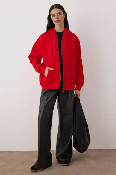 TRENDYOLMİLLA Red Oversized/Comfortable Cut Zippered Thick Fleece Lined Knitting Sweatshirt