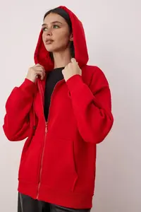 TRENDYOLMİLLA Red Oversized/Comfortable Cut Zippered Thick Fleece Lined Knitting Sweatshirt - Image 2
