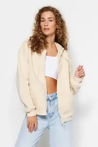 TRENDYOLMİLLA Stone Oversized/Comfortable Cut Basic Hooded Zippered Thick Fleece Lined Knitting Sweatshirt