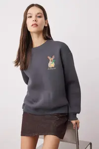 TRENDYOLMİLLA Anthracite animals Embroidered Regular/Normal Pattern Thick Fleece Inside Knitting Sweatshirt - Image 2
