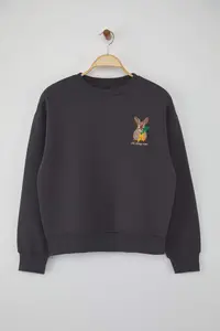 TRENDYOLMİLLA Anthracite animals Embroidered Regular/Normal Pattern Thick Fleece Inside Knitting Sweatshirt - Image 5