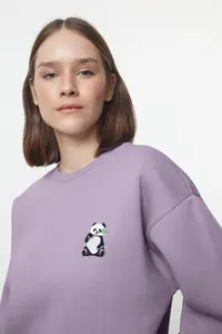 TRENDYOLMİLLA Lilac animals Embroidered Regular/Normal Pattern Thick Fleece Inside Knitting Sweatshirt - Image 2