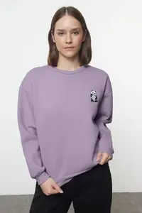 TRENDYOLMİLLA Lilac animals Embroidered Regular/Normal Pattern Thick Fleece Inside Knitting Sweatshirt - Image 3