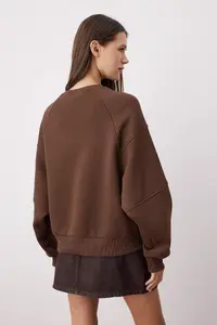 TRENDYOLMİLLA Brown Crew Neck Regular Fit Embroidered Thick Knitting Sweatshirt with Fleece Inside - Image 4