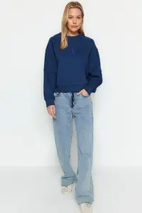 TRENDYOLMİLLA Indigo Crew Neck Regular Fit Embroidered Thick Fleece Lined Knitting Sweatshirt - Image 2