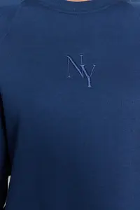 TRENDYOLMİLLA Indigo Crew Neck Regular Fit Embroidered Thick Fleece Lined Knitting Sweatshirt - Image 5