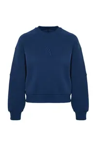 TRENDYOLMİLLA Indigo Crew Neck Regular Fit Embroidered Thick Fleece Lined Knitting Sweatshirt - Image 7