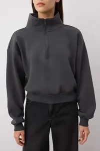 TRENDYOLMİLLA Anthracite Comfortable Cut Crop Zippered Dog collar Thick Fleece Inside Knitting Sweatshirt - Image 3