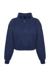 TRENDYOLMİLLA Navy Blue Comfortable Cut Crop Basic Zippered Dog collar Thick Fleece Inside Knitting Sweatshirt - Image 7