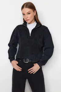TRENDYOLMİLLA Anthracite Antique/Faded Effect Comfortable Cut Crop Thick Fleece Lined Knitting Sweatshirt - Image 3