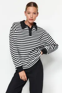 TRENDYOLMİLLA Black Striped Polo Shirt Collar Thick Oversized Knitting Sweatshirt with Fleece Inside