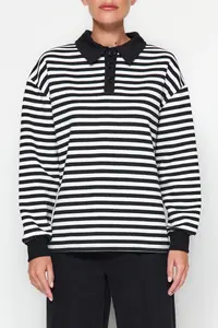 TRENDYOLMİLLA Black Striped Polo Shirt Collar Thick Oversized Knitting Sweatshirt with Fleece Inside - Image 3