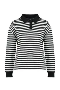 TRENDYOLMİLLA Black Striped Polo Shirt Collar Thick Oversized Knitting Sweatshirt with Fleece Inside - Image 6