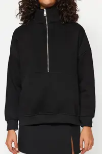 TRENDYOLMİLLA Black Oversized/Wide Pattern Half Zippered Thick Fleece Inside Knitting Sweatshirt - Image 4