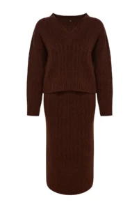 TRENDYOLMİLLA Brown Woolly Hair Knitting Knitwear Top and Bottom Set - Image 6