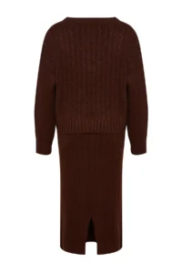 TRENDYOLMİLLA Brown Woolly Hair Knitting Knitwear Top and Bottom Set - Image 7