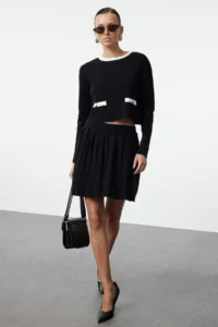 TRENDYOLMİLLA Black Premium Yarn/Special Yarn pleated Skirted Knitwear Top and Bottom Set