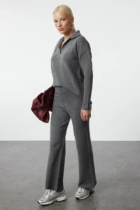 TRENDYOLMİLLA Anthracite Polo Shirt Collar Soft textured Knitwear Top and Bottom Set