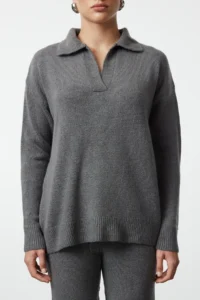 TRENDYOLMİLLA Anthracite Polo Shirt Collar Soft textured Knitwear Top and Bottom Set - Image 3