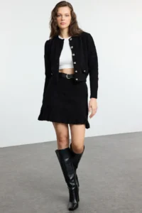 TRENDYOLMİLLA Black Buklet Arched Etekli Knitwear Top and Bottom Set