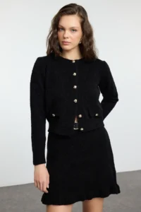 TRENDYOLMİLLA Black Buklet Arched Etekli Knitwear Top and Bottom Set - Image 2