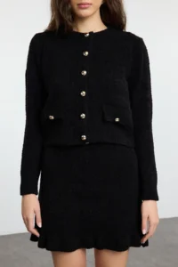 TRENDYOLMİLLA Black Buklet Arched Etekli Knitwear Top and Bottom Set - Image 3