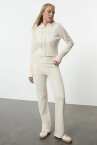 TRENDYOLMİLLA Stone Mercerized Look Premium Yarn/Special Yarn Hooded Knitwear Top and Bottom Set