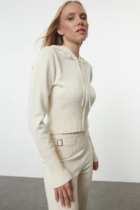TRENDYOLMİLLA Stone Mercerized Look Premium Yarn/Special Yarn Hooded Knitwear Top and Bottom Set - Image 2