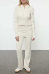 TRENDYOLMİLLA Stone Mercerized Look Premium Yarn/Special Yarn Hooded Knitwear Top and Bottom Set - Image 3