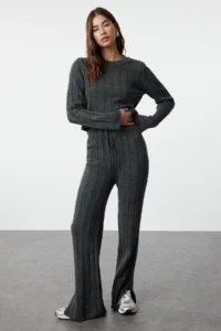 TRENDYOLMİLLA Anthracite Crop Soft textured Knitwear Top and Bottom Set