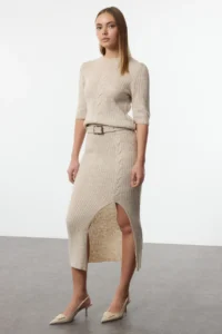 TRENDYOLMİLLA Ecru Soft textured Knitwear Top and Bottom Set