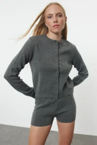 TRENDYOLMİLLA Anthracite Mercerized Appearance. Premium Yarn/Special Yarn OF shorts Top and Bottom Set