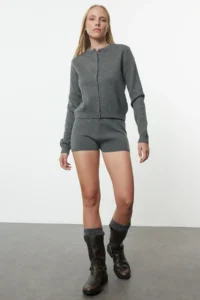 TRENDYOLMİLLA Anthracite Mercerized Appearance. Premium Yarn/Special Yarn OF shorts Top and Bottom Set - Image 2