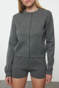 TRENDYOLMİLLA Anthracite Mercerized Appearance. Premium Yarn/Special Yarn OF shorts Top and Bottom Set - Image 3
