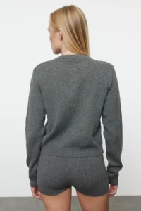 TRENDYOLMİLLA Anthracite Mercerized Appearance. Premium Yarn/Special Yarn OF shorts Top and Bottom Set - Image 5