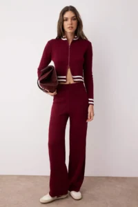 TRENDYOLMİLLA Burgundy Zippered Knitwear Top and Bottom Set
