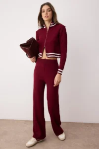 TRENDYOLMİLLA Burgundy Zippered Knitwear Top and Bottom Set - Image 2